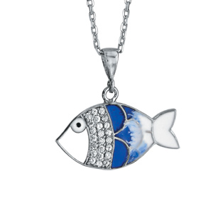 Collier en argent rhodié chaîne avec pendentif en forme de poisson bleu et oxydes blancs sertis long