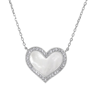 Collier en argent rhodié massif chaîne avec pendentif coeur Nacre véritable contour oxydes blancs 39,5+4,5cm