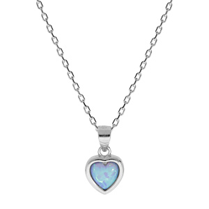 Collier en argent rhodié chaîne avec pendentif forme coeur Opale bleue de synthèse 44,5cm