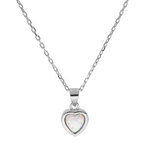 Collier en argent rhodié chaîne avec pendentif forme coeur Opale blanche de synthèse 44,5cm