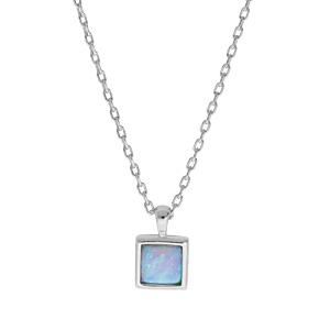 Collier en argent rhodié chaîne avec pendentif carré Opale bleue de synthèse 44,5cm