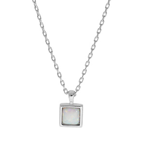 Collier en argent rhodié chaîne avec pendentif carré Opale blanche de synthèse 44,5cm