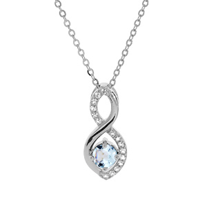 Collier en argent rhodié chaîne avec pendentif infini Topaze bleu véritable et oxydes blancs sertis 