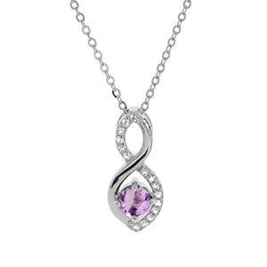Collier en argent rhodié chaîne avec pendentif infini Amethyste véritable et oxydes blancs sertis 40+5cm