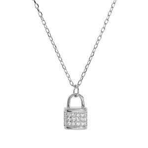 Collier en argent rhodié chaîne avec pendentif cadenas et oxydes blancs 42+2+2cm