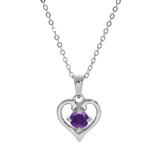 Collier en argent rhodié chaîne avec pendentif coeur gros Amethyste véritable 40+5cm