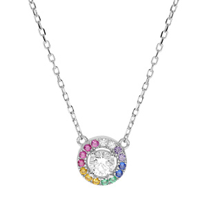 Collier en argent rhodié chaîne avec pendentif rond contour d’oxydes multi couleurs 42+3cm
