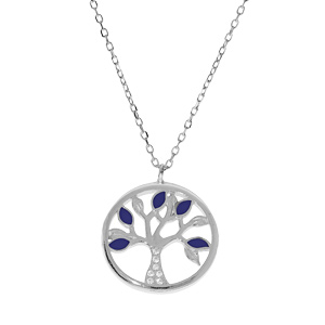 Collier en argent rhodié chaîne avec pendentif arbre de vie couleur bleue et oxydes blancs 40+5cm