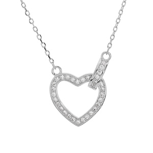 Collier en argent rhodié chaîne avec pendentif coeur pavé d'oxydes blancs sertis 40+5cm