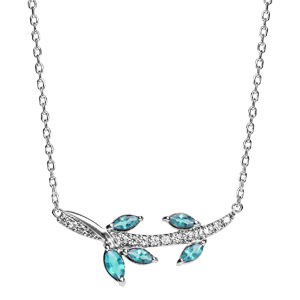 Collier en argent rhodié avec pendentif feuillage bleu ciel et oxydes blancs sertis longueur 42+3cm