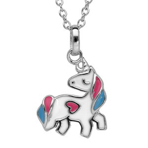 Collier en argent rhodié avec pendentif licorne blanc, rose et bleu longueur 16+2cm