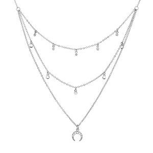 Collier en argent rhodié triple rang avec pendentif croissant de lune et pampilles longueur 39+4cm