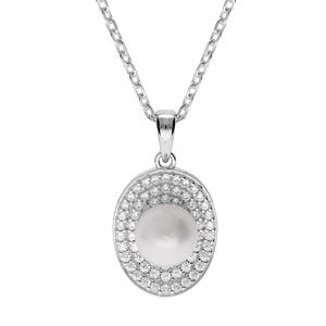 Collier en argent rhodié chaîne avec pendentif ovale Perle de culture d’eau douce blanche 8mm et contour oxydes blancs sertis 42+3cm