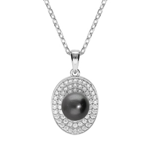 Collier en argent rhodié chaîne avec pendentif Perle de culture de Tahiti véritable 7mm et contour o