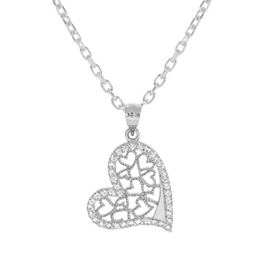 Collier en argent rhodié chaîne avec pendentif coeur filigrane contour oxydes blancs sertis 40+5cm