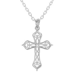 Collier en argent rhodié chaîne avec pendentif croix filigrane et oxyde blanc 40+5cm