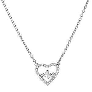 Collier en argent rhodié chaîne avec pendentif coeur avec courbe de vie et oxydes blancs sertis 38+4