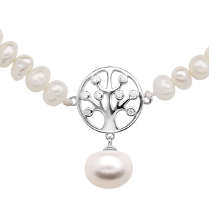 Collier en argent rhodié en perles d'eau douce avec pendentif arbre de vie oxydes blancs sertis long