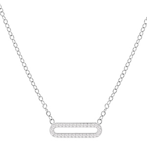 Collier en argent rhodié chaîne avec pendentif rectangulaire arrondi pavé d'oxydes blancs sertis 40+