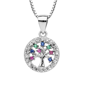 Collier en argent rhodié chaîne avec pendentif arbre de vie multi couleurs contours oxydes blancs se