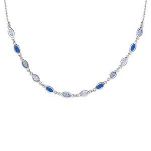 Collier en argent rhodié maillons ornés d’oxydes dégradés de bleu et blancs en forme de navette longueur 38+7cm