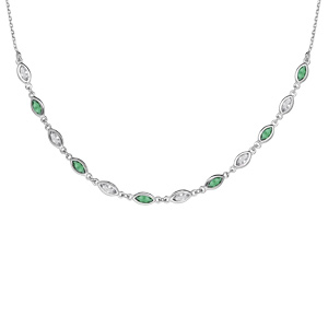 Collier en argent rhodié maillons ornés d’oxydes blancs et verts en forme de navette longueur 38+7cm