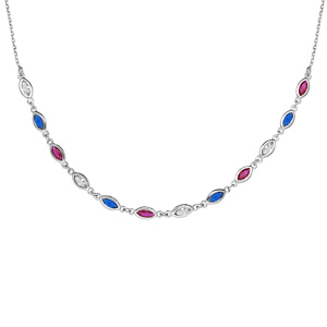 Collier en argent rhodié maillons ornés d’oxydes bleus blancs et roses en forme de navette longueur 38+7cm