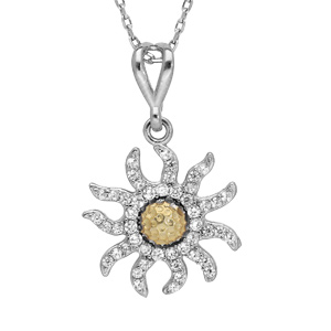 Collier en argent rhodié chaîne avec pendentif fleur de soleil orné d'oxydes blancs et d'un gros oxy