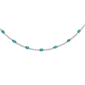 Collier Sautoir en argent rhodié chaîne avec olives couleur bleu transparent 70cm