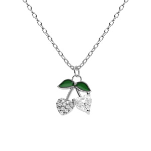 Collier argent rhodié pendentif cerise oxydes forme coeur blancs et verts réglable 39 à 43cm
