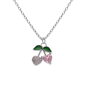 Collier argent rhodié pendentif cerise oxydes forme coeur roses et verts réglable 39 à 43cm