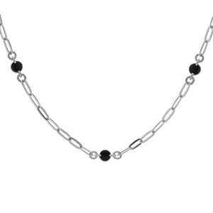 Collier en argent rhodié petite maille rectangulaire avec perles noires 42+3cm