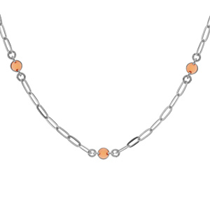 Collier en argent rhodié petite maille rectangulaire avec perles oranges 38+5cm