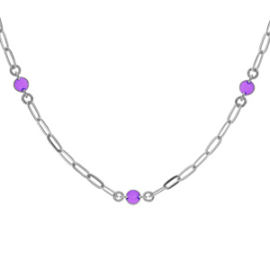 Collier en argent rhodié petite maille rectangulaire avec perles violettes 38+5cm
