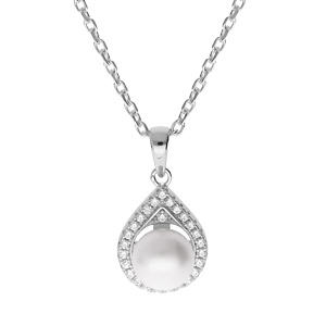 Collier en argent rhodié chaîne avec pendentif forme de goutte Perle de culture d'eau douce blanche 