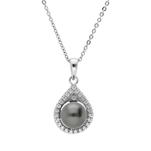 Collier en argent rhodié chaîne avec pendentif Perle de Tahiti véritable 8mm et contour oxydes blanc