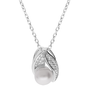 Collier en argent rhodié chaîne avec pendentif Perle de culture d'eau douce blanche 8mm et oxydes bl