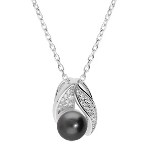 Collier en argent rhodié chaîne avec pendentif Perle de Tahiti véritable et oxydes blancs sertis 42+