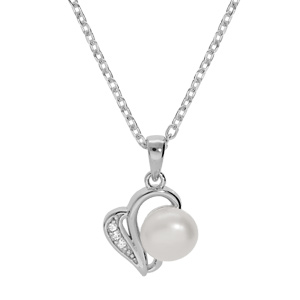 Collier en argent rhodié chaîne avec pendentif  drapé Perle de culture d’eau douce blanche 8mm et oxydes blancs sertis 42+3cm