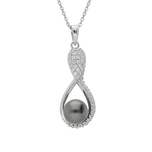 Collier en argent rhodiéchaîne avec pendentif infini Perle de culture de Tahiti véritable 7mm et oxy