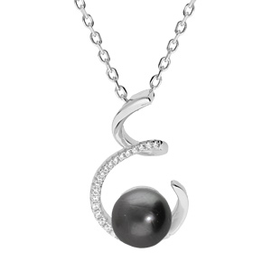 Collier en argent rhodié chaîne avec pendentif spirale et Perle de Tahiti véritable 7mm et oxydes bl