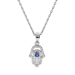 Collier en argent rhodié chaîne avec pendentif main de fatma et oxydes blancs et bleu 35+5cm