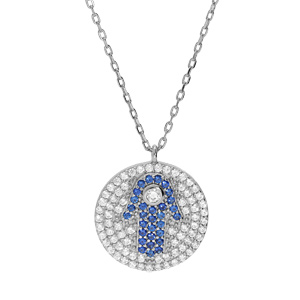 Collier en argent rhodié chaîne avec pendentif rond et main de fatma pavé d’oxydes blancs et bleus 40+5cm