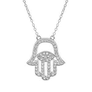 Collier en argent rhodié chaîne avec pendentif main de fatma et oxydes blancs 40,5+7cm