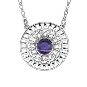 Collier en argent rhodié Pendentif rond antique ajouré pierre violette 42+3cm