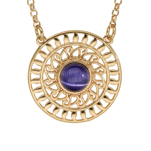 Collier en argent et dorure jaune pendentif rond antique ajouré pierre violette 42+3cm