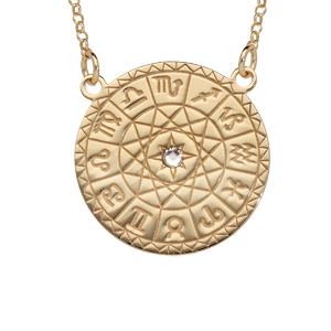 Collier en argent et dorure jaune pendentif roue astrologique avec 1 oxyde blanc 42+3cm