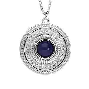 Collier en argent rhodié chaîne avec Pendentif rond antique et pierre Lapis Lazuli véritable 42+3cm
