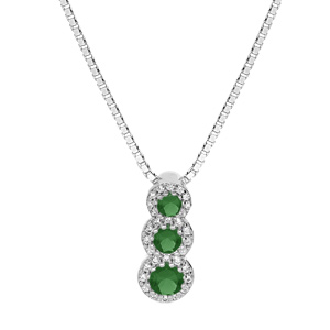 Collier en argent rhodié chaîne avec pendentif pierres vertes en chute et contour oxydes blancs sertis 42+3cm