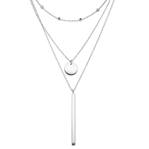 Collier en argent rhodié avec triple chaîne Pendentifs tube et médaille 42+3cm